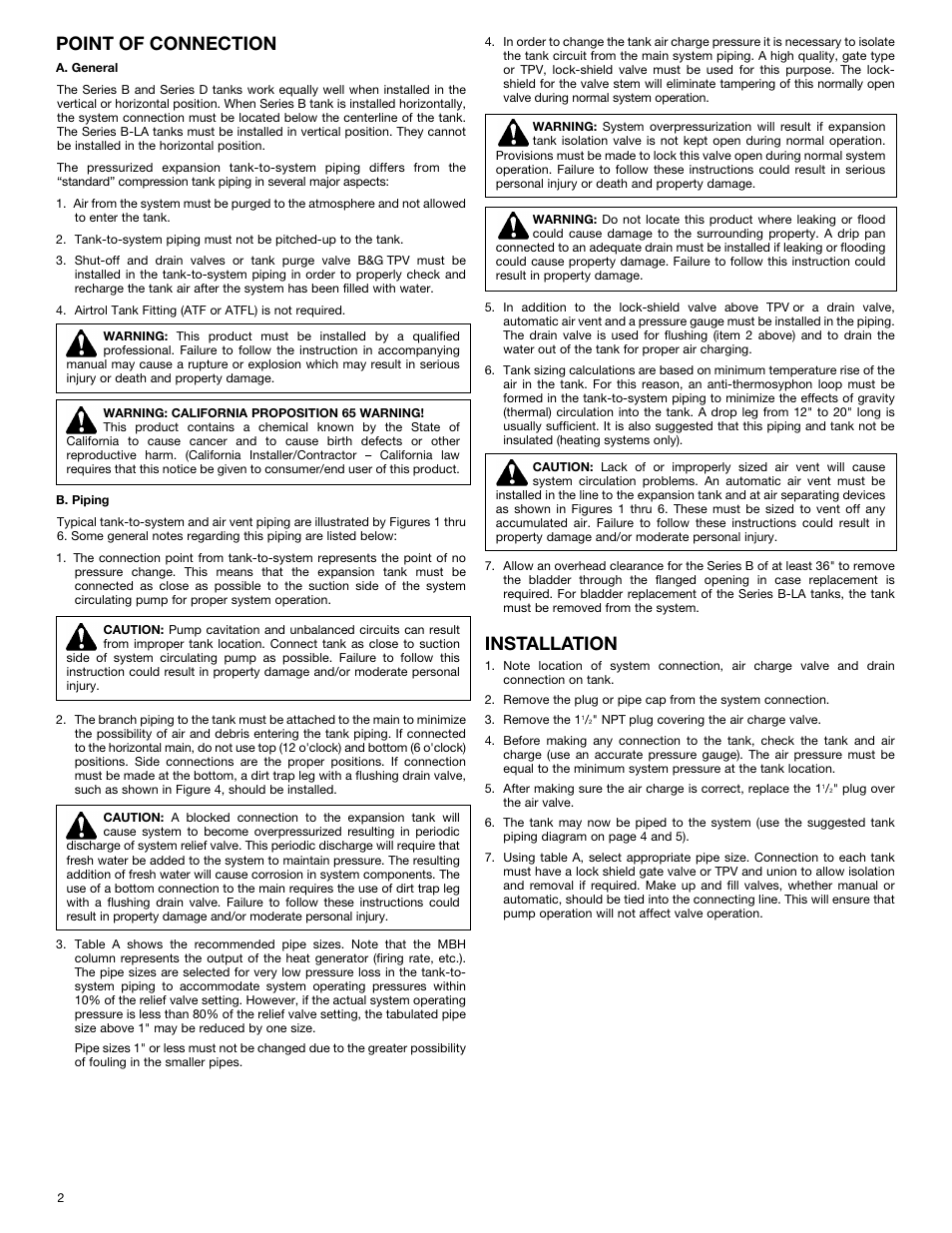 Point of connection, Installation | Bell & Gossett A01500I Pressurized Expansion Tanks (ASME) User Manual | Page 2 / 6