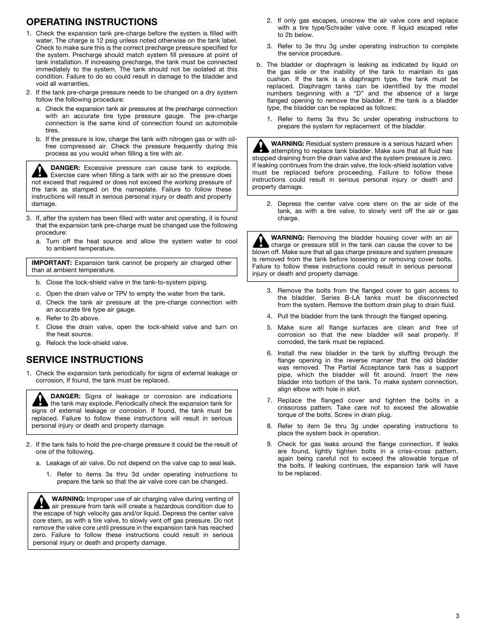 Operating instructions, Service instructions | Bell & Gossett A01500I Pressurized Expansion Tanks (ASME) User Manual | Page 3 / 6