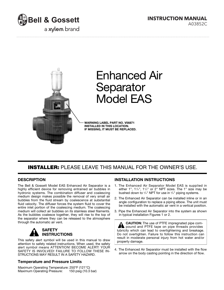 Bell & Gossett A03852C Enhanced Air Separator EAS User Manual | 2 pages