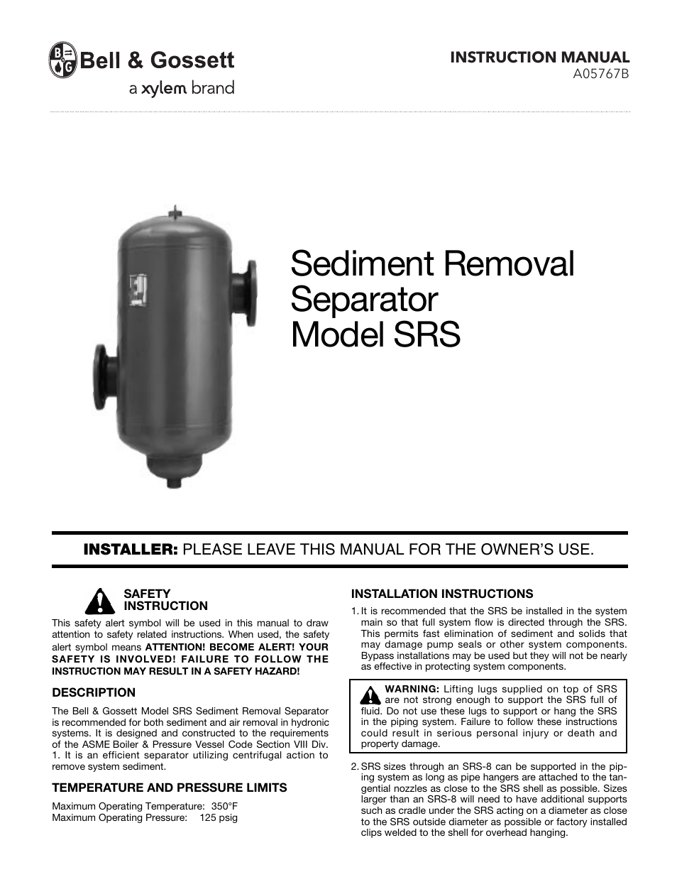 Bell & Gossett A05767B Sediment Removal Separator SRS User Manual | 2 pages