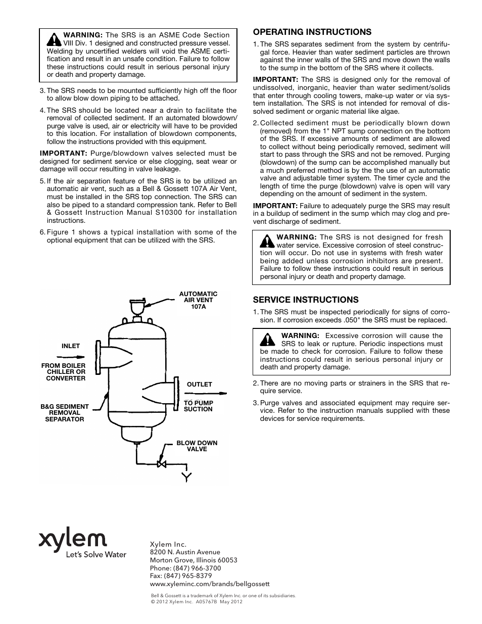 Operating instructions, Service instructions | Bell & Gossett A05767B Sediment Removal Separator SRS User Manual | Page 2 / 2