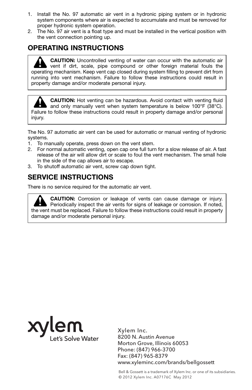 Operating instructions, Service instructions | Bell & Gossett A07176C Number 97 Automatic Air Vent User Manual | Page 2 / 2