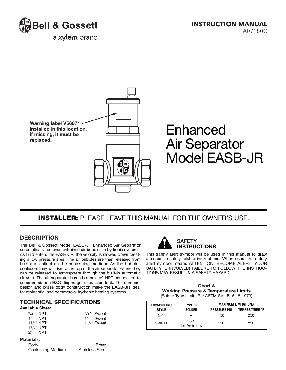 Bell & Gossett A07180C Enhanced Air Separator EASB-JR User Manual | 2 pages