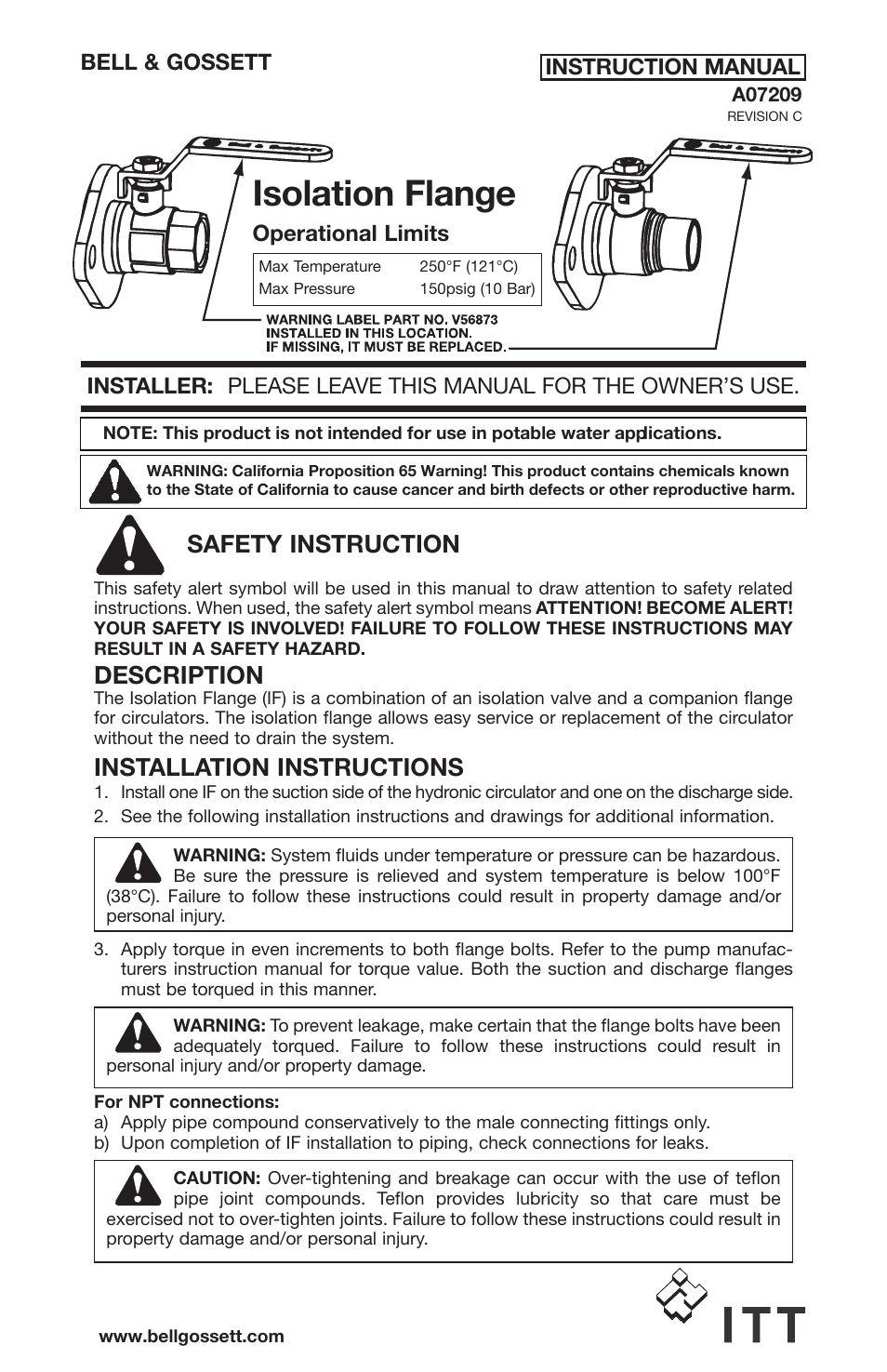 Bell & Gossett A07209C Isolation Flange Operational Limits User Manual | 2 pages