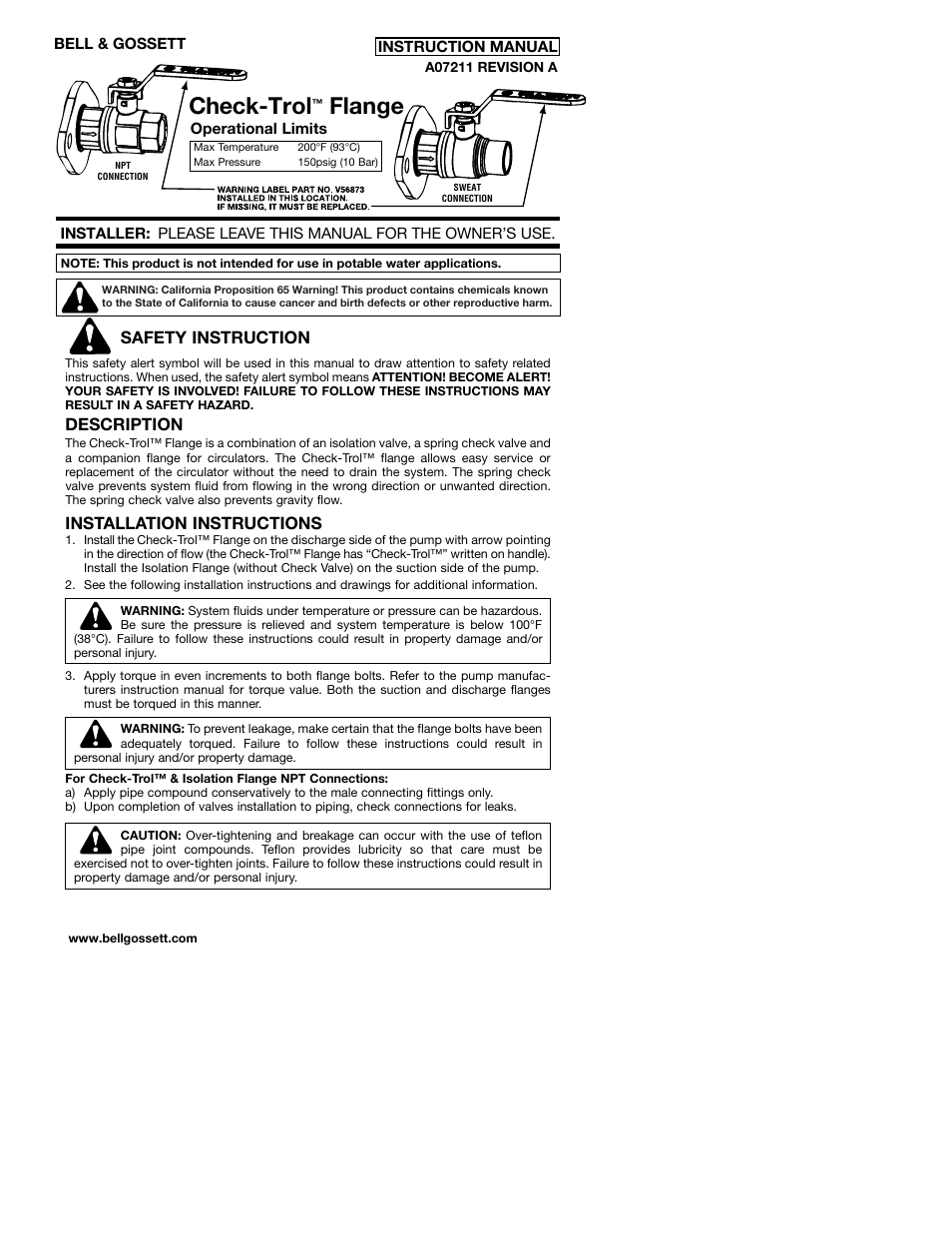 Bell & Gossett A07211A Check-Trol Flange Operational Limits User Manual | 2 pages