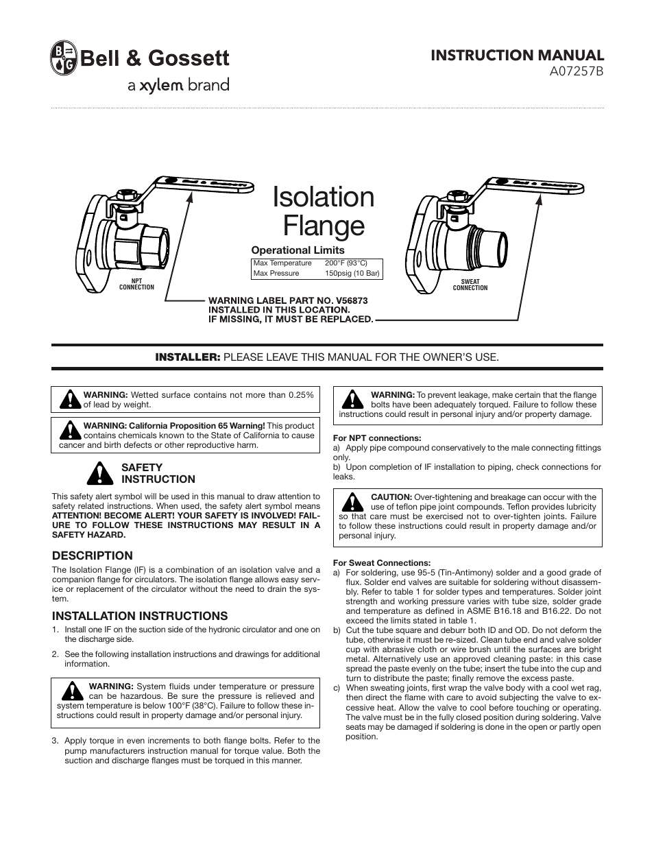 Bell & Gossett A07257B Isolation Flanges User Manual | 2 pages