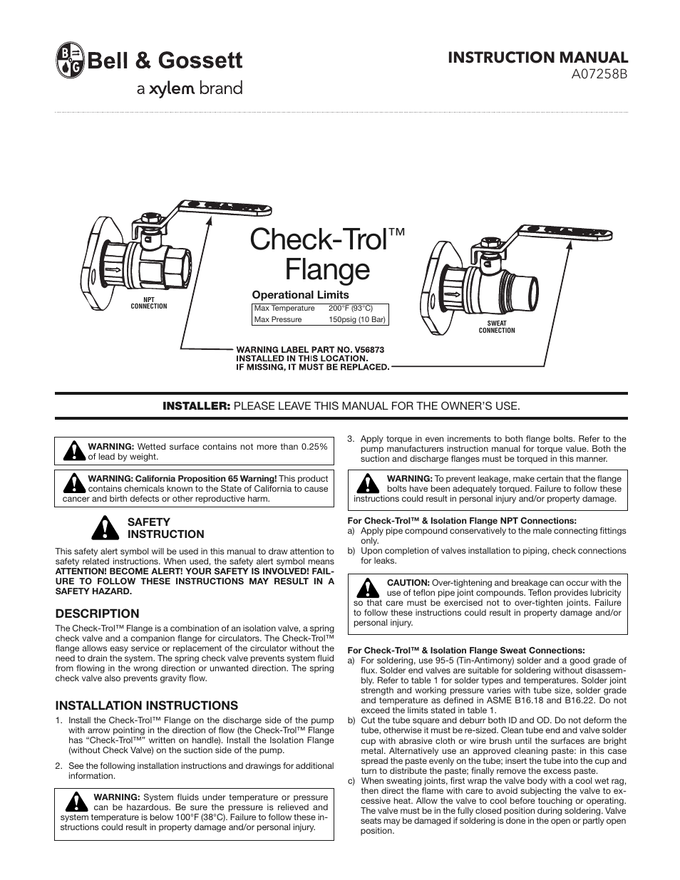 Bell & Gossett A07258B Check-Trol Flange User Manual | 2 pages