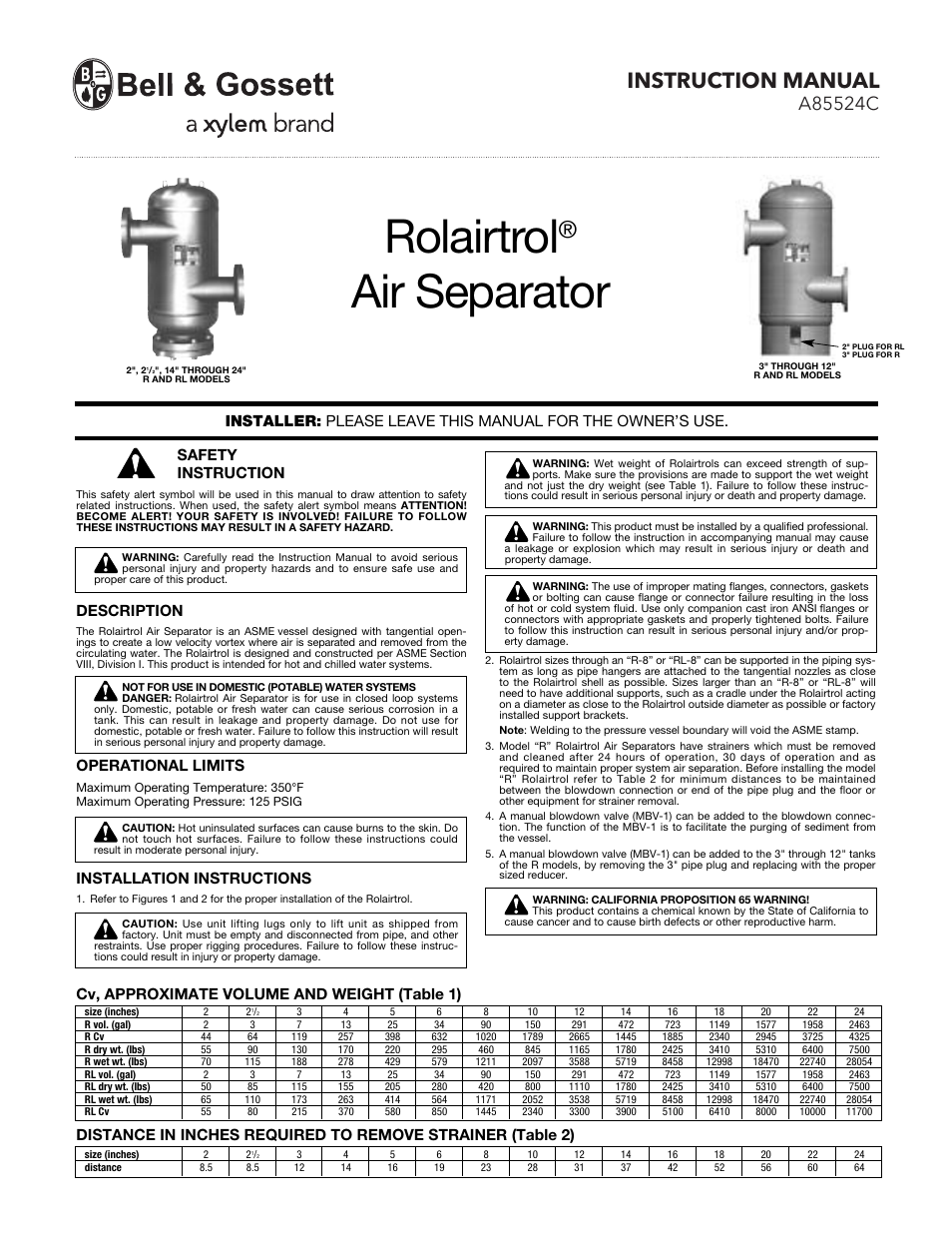 Bell & Gossett A85524C Rolairtrol Air Separator User Manual | 2 pages