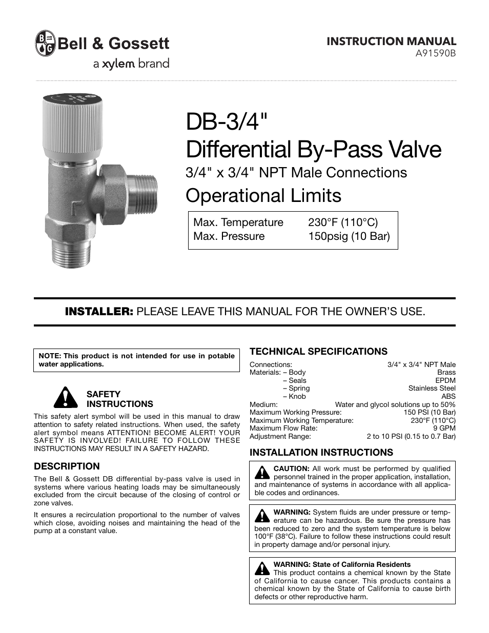 Bell & Gossett A91590B DB-3/4″ Differential By-Pass Valve 3/4″ x 3/4″ NPT Male Connections Operational Limits User Manual | 2 pages