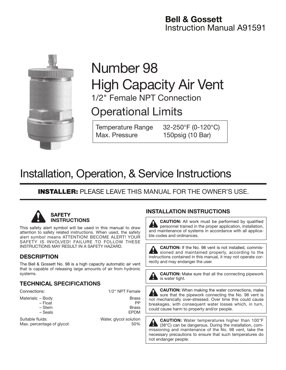 Bell & Gossett A91591 Number 98 High Capacity Air Vent 1/2″ Female NPT Connection Operational Limits User Manual | 3 pages