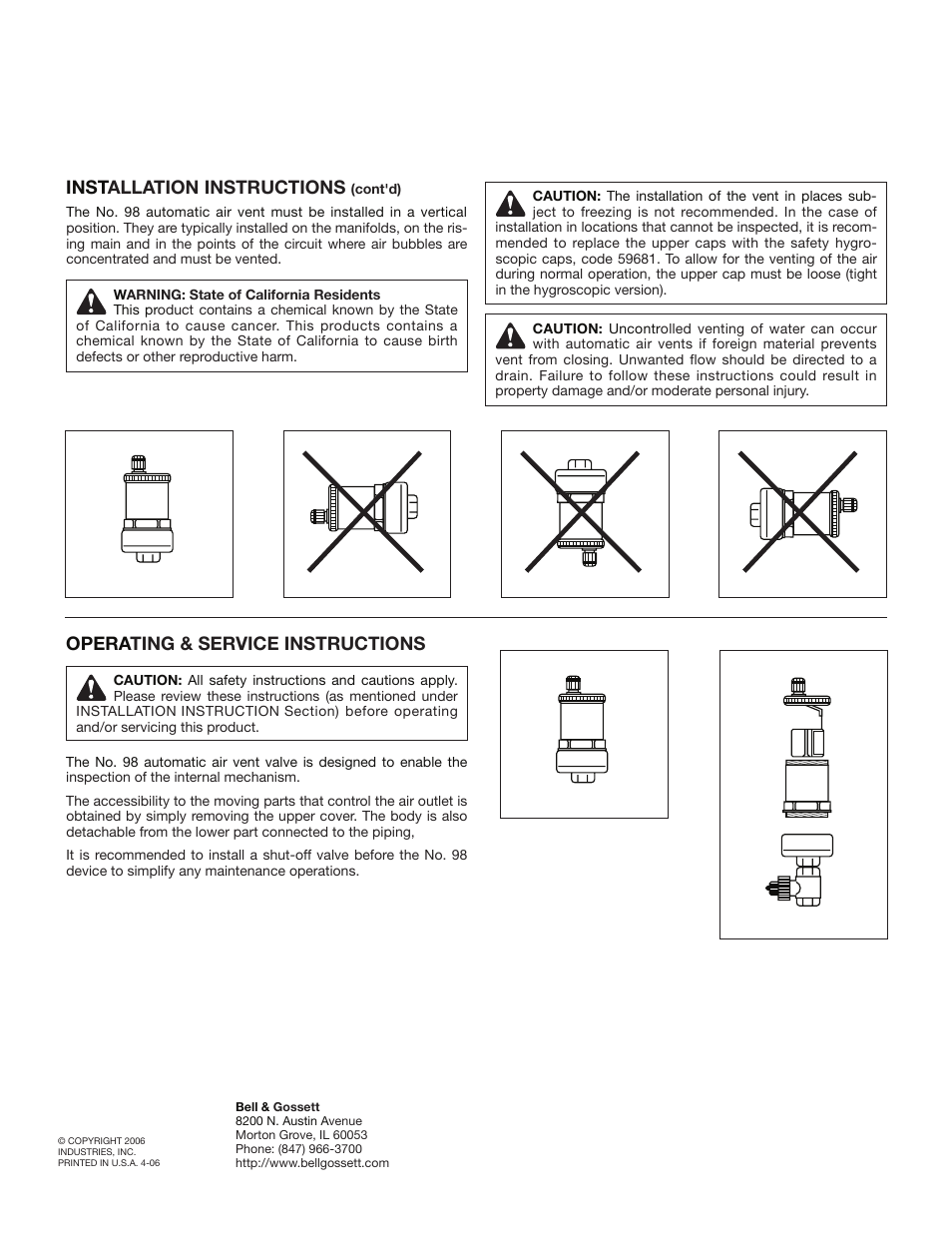 Inst allation instructions, Opera ting & service instructions | Bell & Gossett A91591 Number 98 High Capacity Air Vent 1/2″ Female NPT Connection Operational Limits User Manual | Page 2 / 3