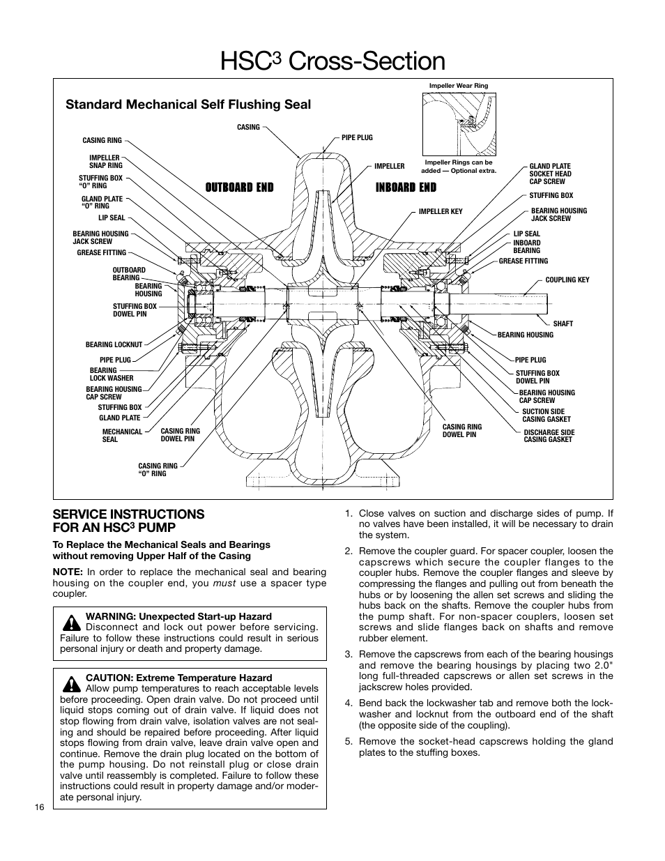 Service instructions for an hsc, Pump, Standard mechanical self flushing seal | Xylem AC2008B Series HSC3 Base Mounted Centrifugal Pump User Manual | Page 16 / 22