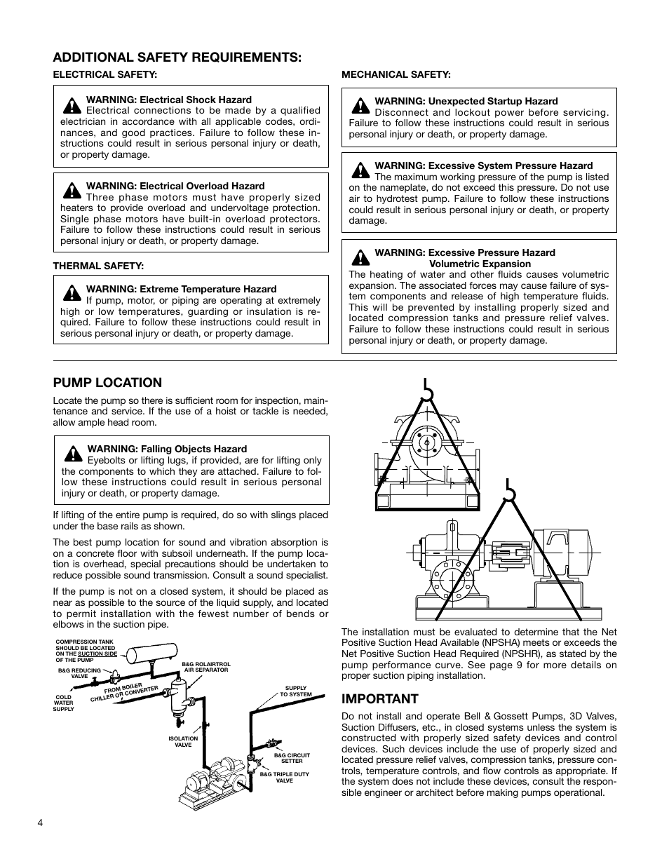 Additional safety requirements, Pump location, Important | Xylem AC2008B Series HSC3 Base Mounted Centrifugal Pump User Manual | Page 4 / 22