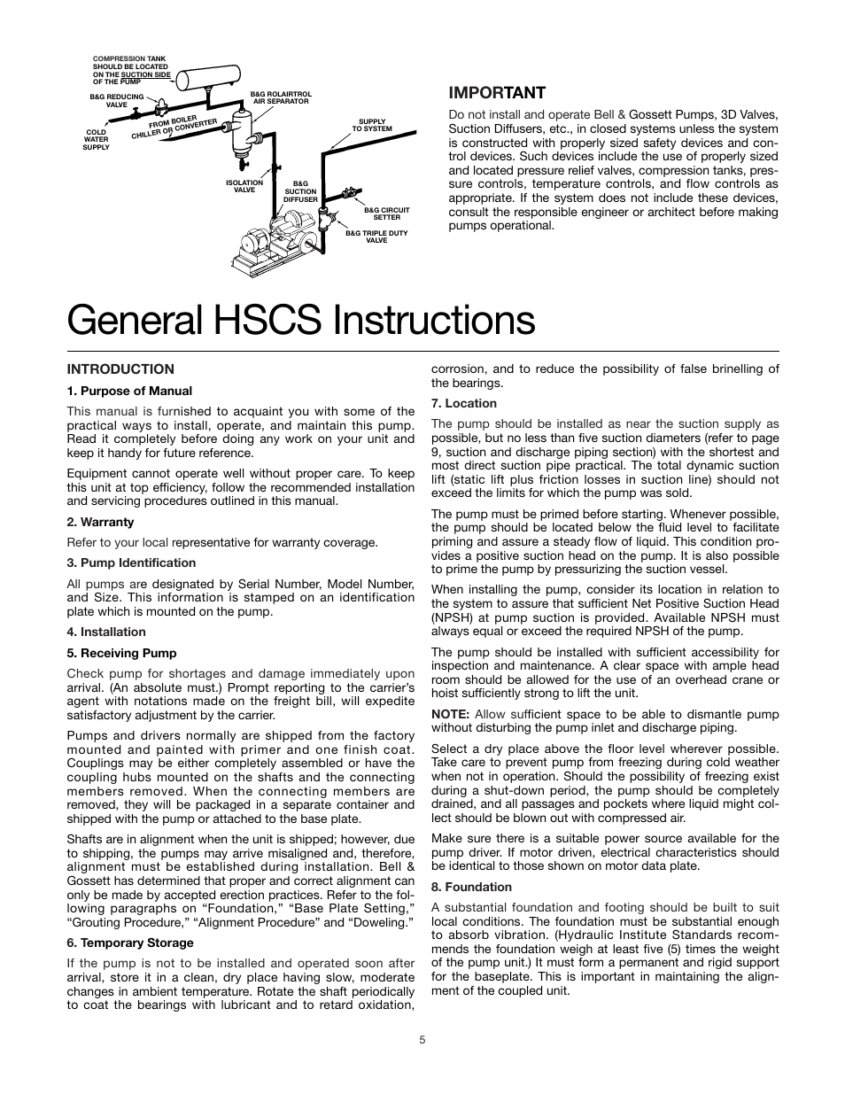 General hscs instructions, Impor tant | Xylem AC8584C Series HSCS Base Mounted Centrifugal Pumps User Manual | Page 5 / 31