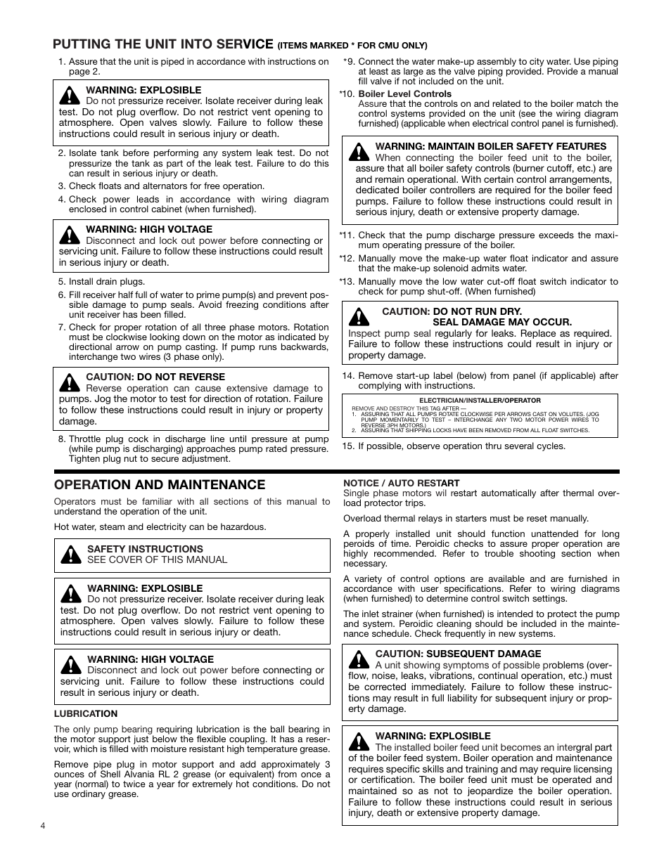 Putting the unit into ser vice, Opera tion and maintenance | Bell & Gossett DN0129D Series CMU User Manual | Page 4 / 8