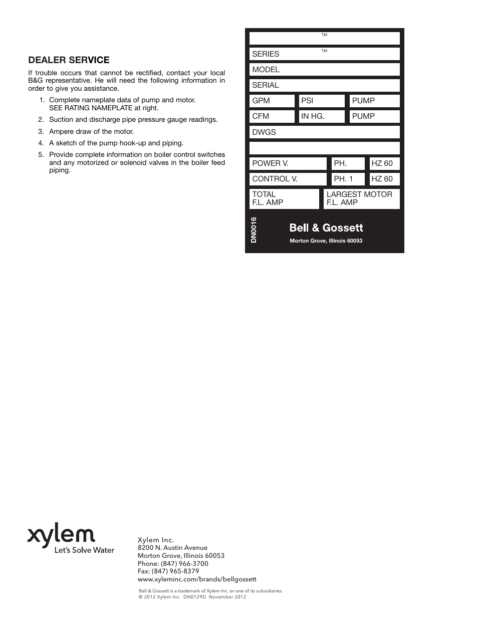 Dealer ser vice | Bell & Gossett DN0129D Series CMU User Manual | Page 8 / 8