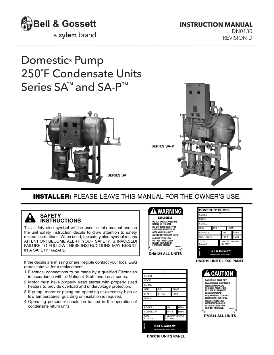 Bell & Gossett DN0130D Domestic Pump 250°F Condensate Units Series SA-PT User Manual | 8 pages