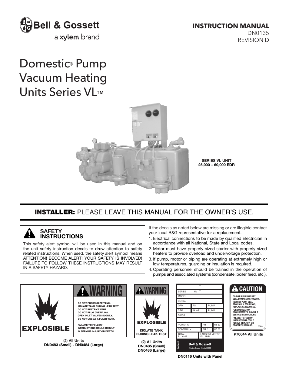 Bell & Gossett DN0135D Domestic Pump Vacuum Heating Units Series VL User Manual | 10 pages