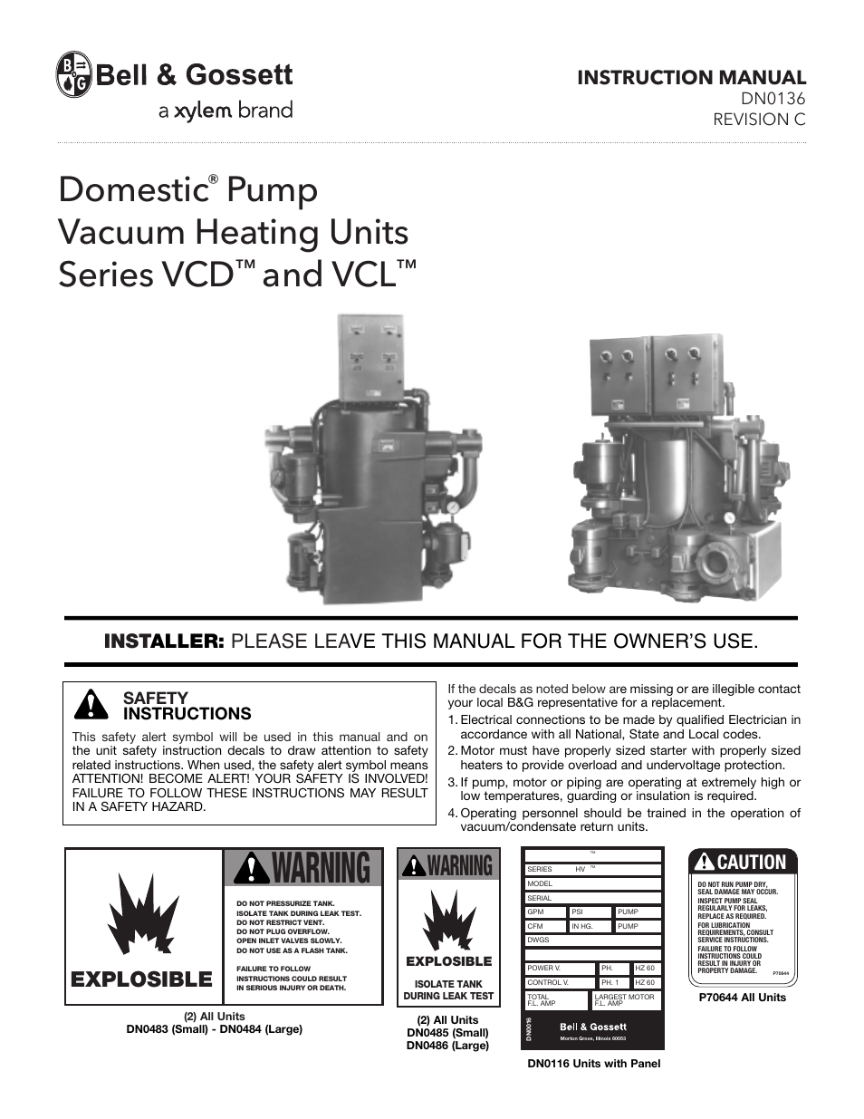 Bell & Gossett DN0136C Domestic Pump Vacuum Heating Units Series VCL User Manual | 12 pages