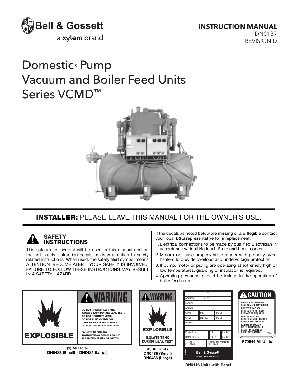 Bell & Gossett DN0137D Domestic Pump Vacuum & Boiler Feed Unit Series VCMD User Manual | 10 pages