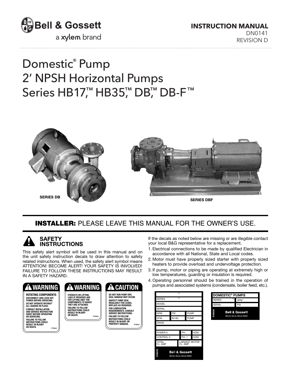 Bell & Gossett DN0141D Domestic Pump 2′ NPSH Horizontal Pumps Series DB-F User Manual | 8 pages