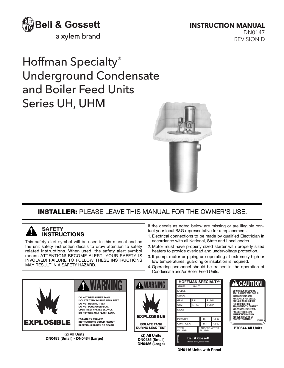 Bell & Gossett DN0147D HS Underground Condensate and Boiler Feed Units Series UHM User Manual | 8 pages