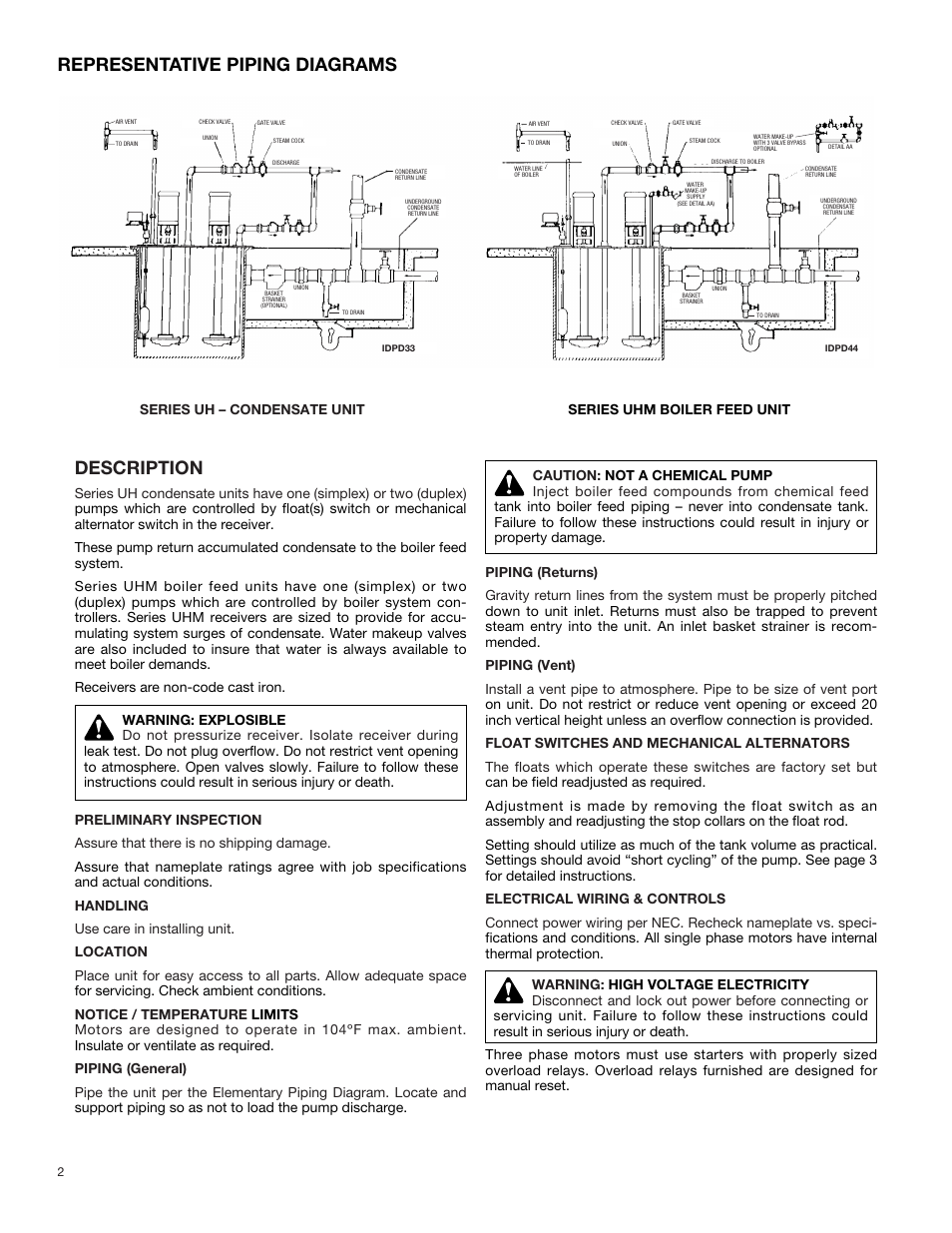 Description, Representative piping diagrams | Bell & Gossett DN0147D HS Underground Condensate and Boiler Feed Units Series UHM User Manual | Page 2 / 8