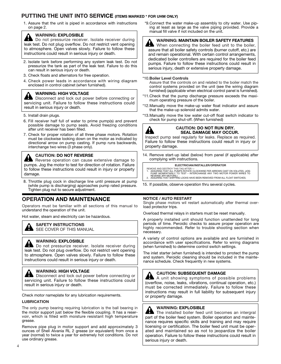 Putting the unit into ser vice, Opera tion and maintenance | Bell & Gossett DN0147D HS Underground Condensate and Boiler Feed Units Series UHM User Manual | Page 4 / 8