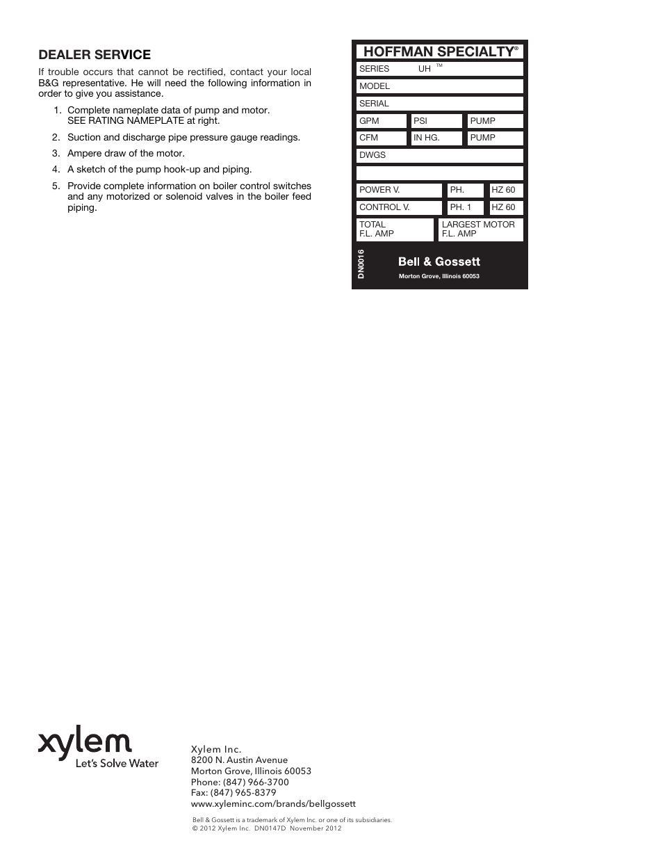 Hoffman specialty, Dealer ser vice | Bell & Gossett DN0147D HS Underground Condensate and Boiler Feed Units Series UHM User Manual | Page 8 / 8