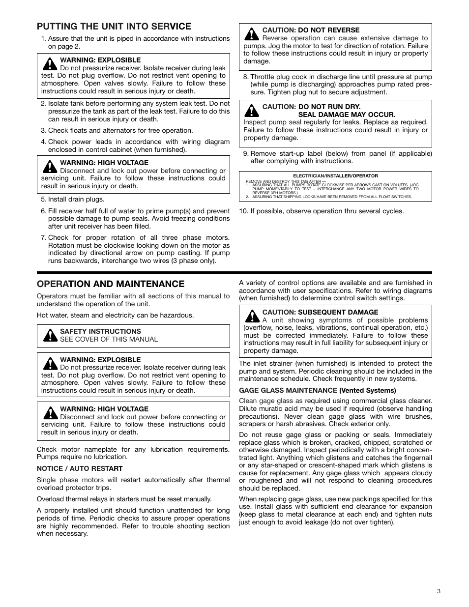 Putting the unit into ser vice, Opera tion and maintenance | Bell & Gossett DN0154D HS Vented Condensate Units Series HSTM User Manual | Page 3 / 8