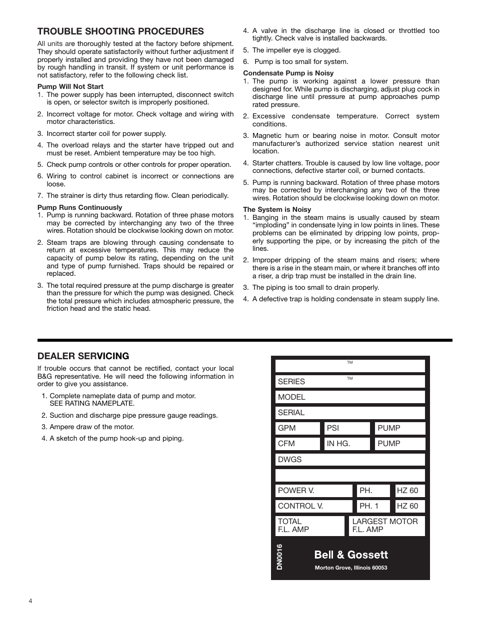 Trouble shooting procedures, Dealer ser vicing | Bell & Gossett DN0154D HS Vented Condensate Units Series HSTM User Manual | Page 4 / 8
