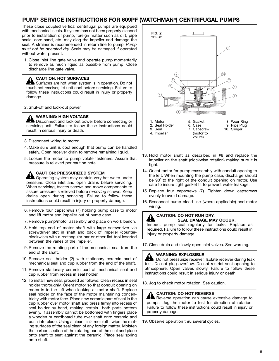 Pump ser vice instructions for 609pf (watchman, Centrifugal pumps | Bell & Gossett DN0154D HS Vented Condensate Units Series HSTM User Manual | Page 5 / 8