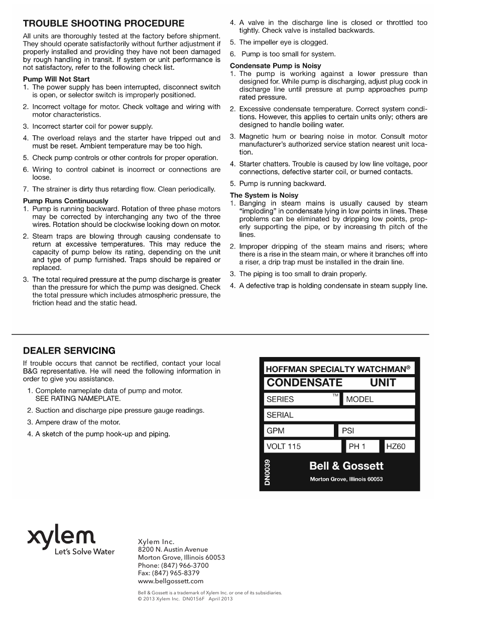 Bell & Gossett DN0156F HS Vented Condensate Units Watchman Series SCC User Manual | Page 12 / 12