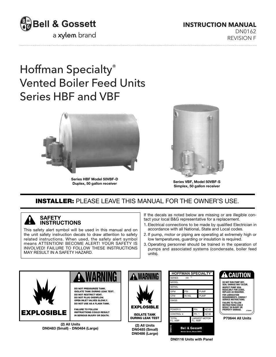 Bell & Gossett DN0162F HS Vented Boiler Feed Units Series HBF and VBF User Manual | 8 pages