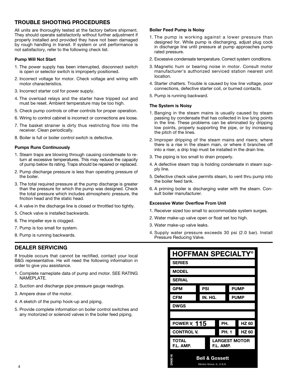 Hoffman specialty | Bell & Gossett DN0162F HS Vented Boiler Feed Units Series HBF and VBF User Manual | Page 4 / 8