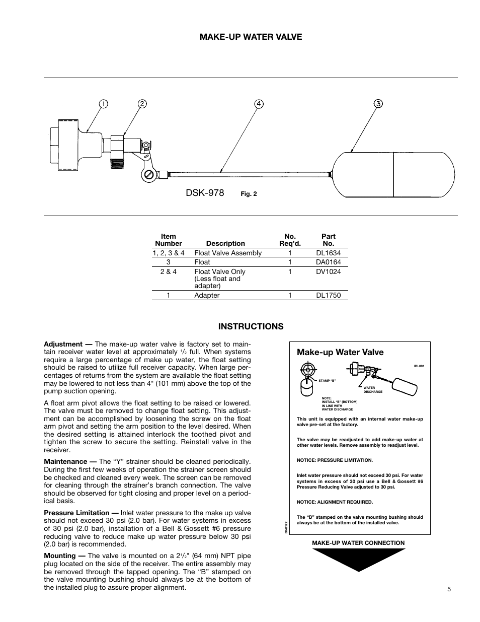 Dsk-978, Make-up water valve instructions, Make-up water valve | Bell & Gossett DN0162F HS Vented Boiler Feed Units Series HBF and VBF User Manual | Page 5 / 8