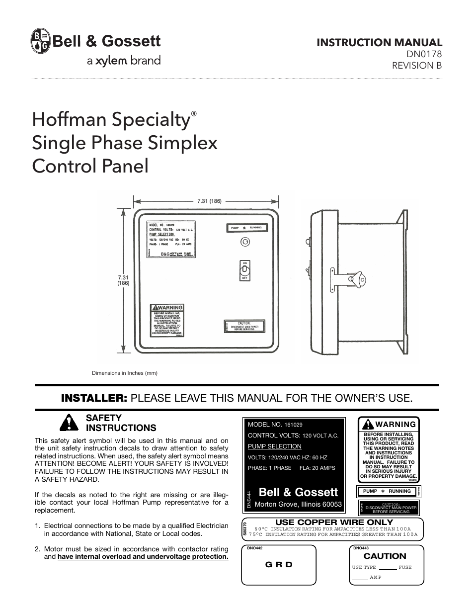 Bell & Gossett DN0178B HS Single Phase Simplex Control Panel User Manual | 4 pages