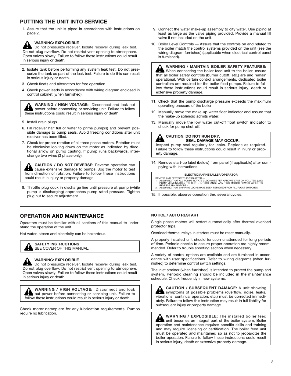 Putting the unit into ser vice, Opera tion and maintenance | Bell & Gossett DN0412C HS Vented Boiler Feed Units Series HSM User Manual | Page 3 / 8