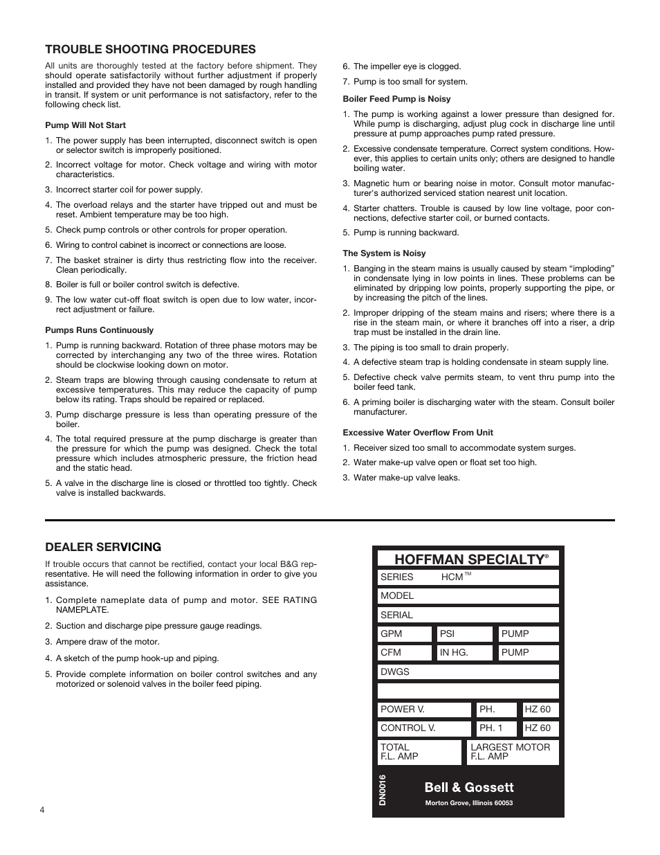 Hoffman specialty, Trouble shooting procedures, Dealer ser vicing | Bell & Gossett DN0412C HS Vented Boiler Feed Units Series HSM User Manual | Page 4 / 8