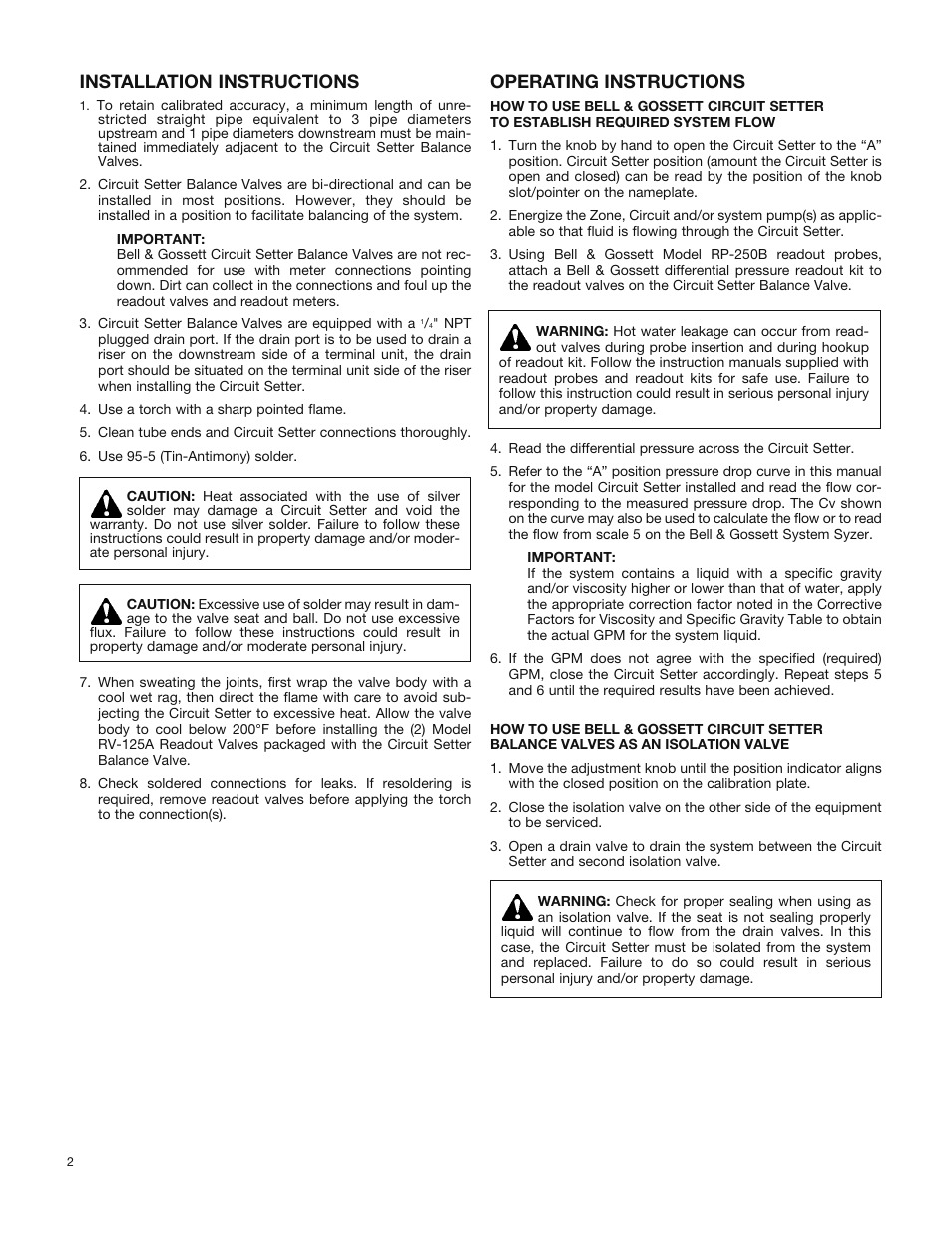 Installation instructions, Operating instructions | Bell & Gossett G95858H Circuit Setter Plus “RF” Balance Valves User Manual | Page 2 / 4