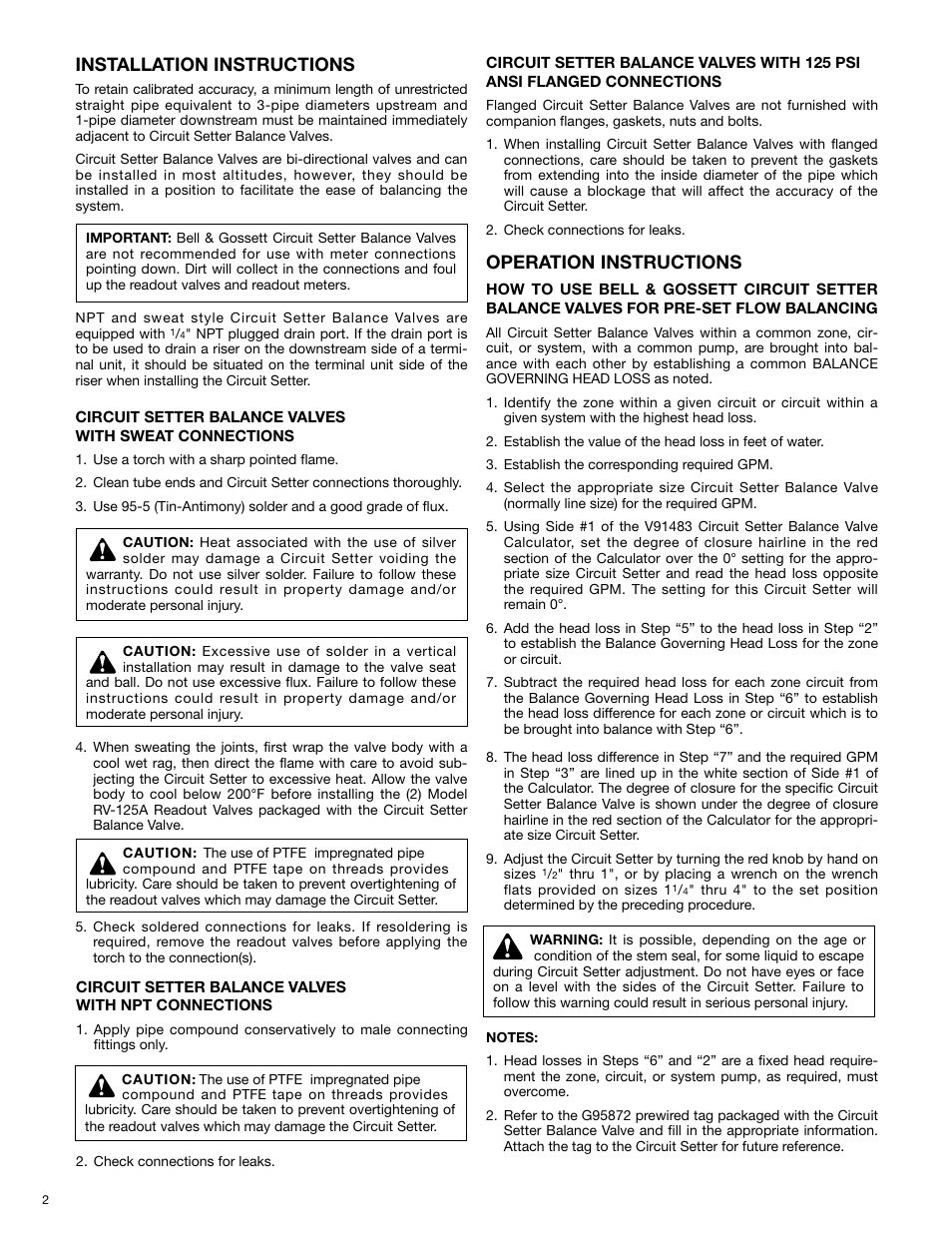 Installation instructions, Operation instructions | Bell & Gossett G95873N Circuit Setter Plus Balance Valves With NPT, Flanged and Solder Connections User Manual | Page 2 / 4