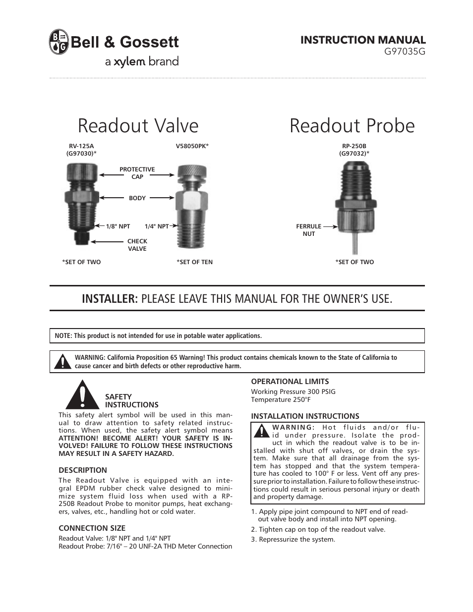 Bell & Gossett G97035G Readout Valve, Readout Probe User Manual | 2 pages