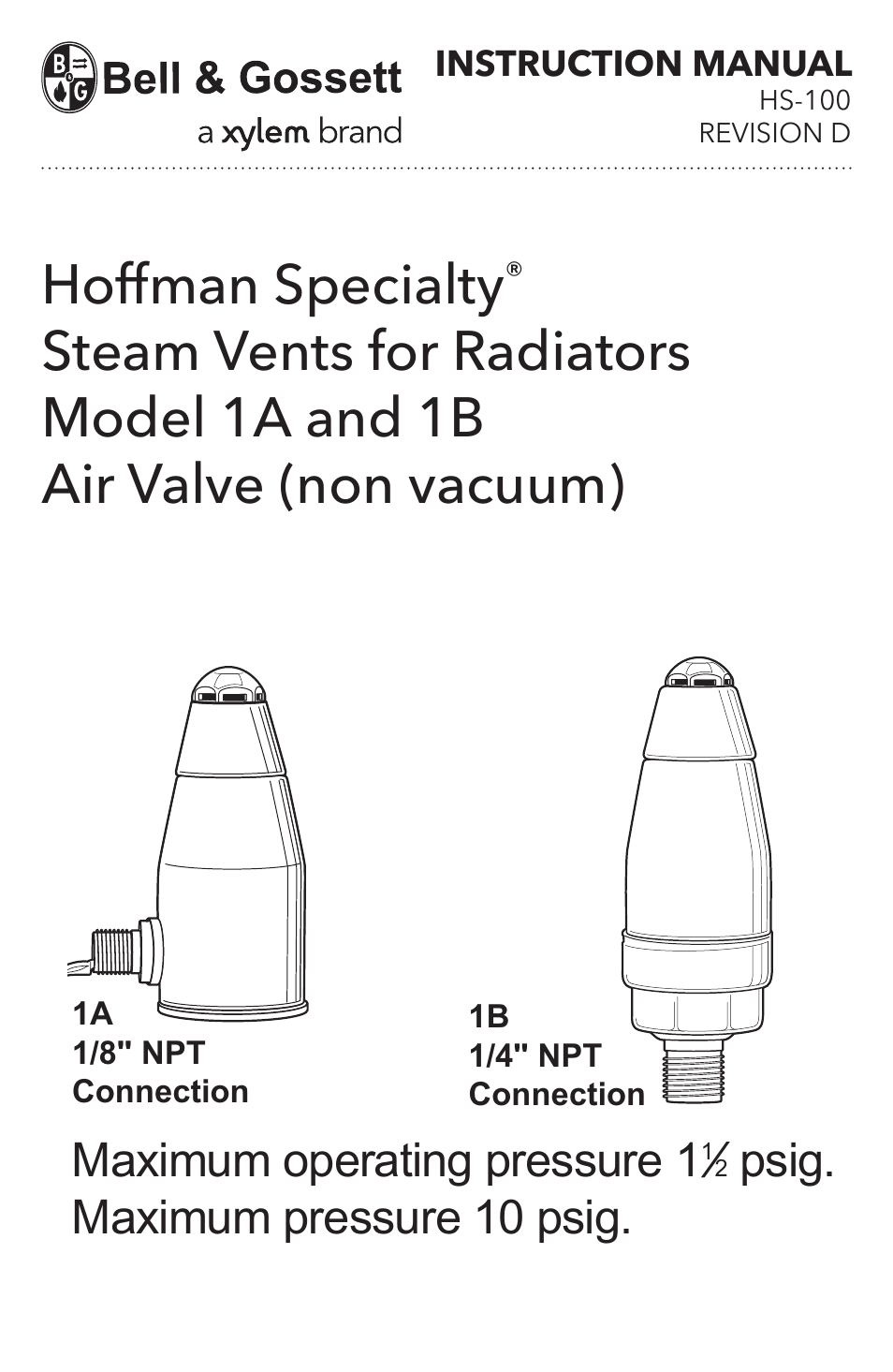 Bell & Gossett HS 100D Steam Vents for Radiators 1B Air Valve User Manual | 4 pages