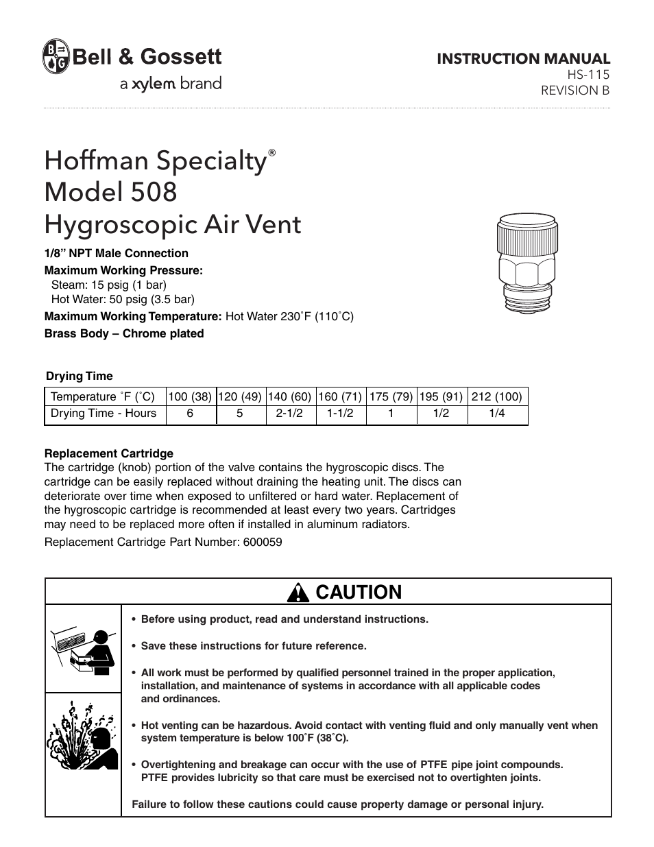 Bell & Gossett HS 115B Model 508 Hygroscopic Air Vent User Manual | 2 pages