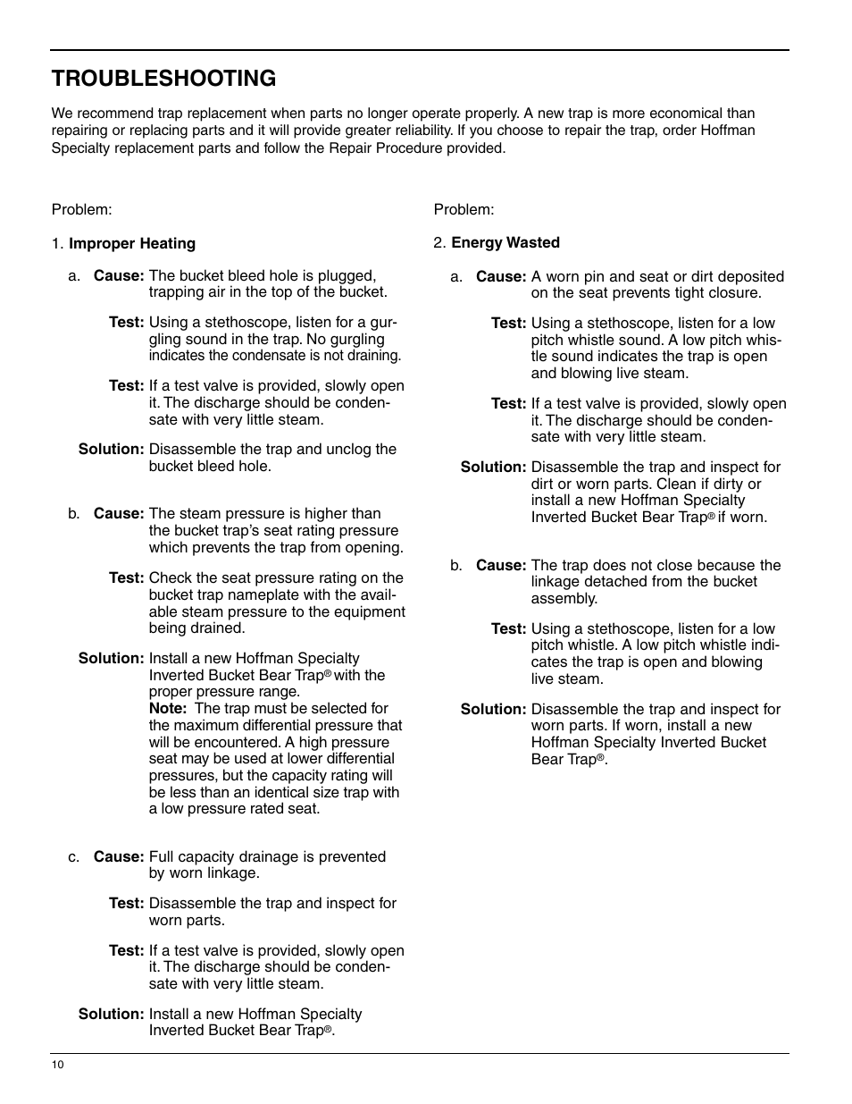 Troubleshooting | Bell & Gossett HS 213B Series B2 Inverted Bucket Steam Trap Service Parts User Manual | Page 10 / 12