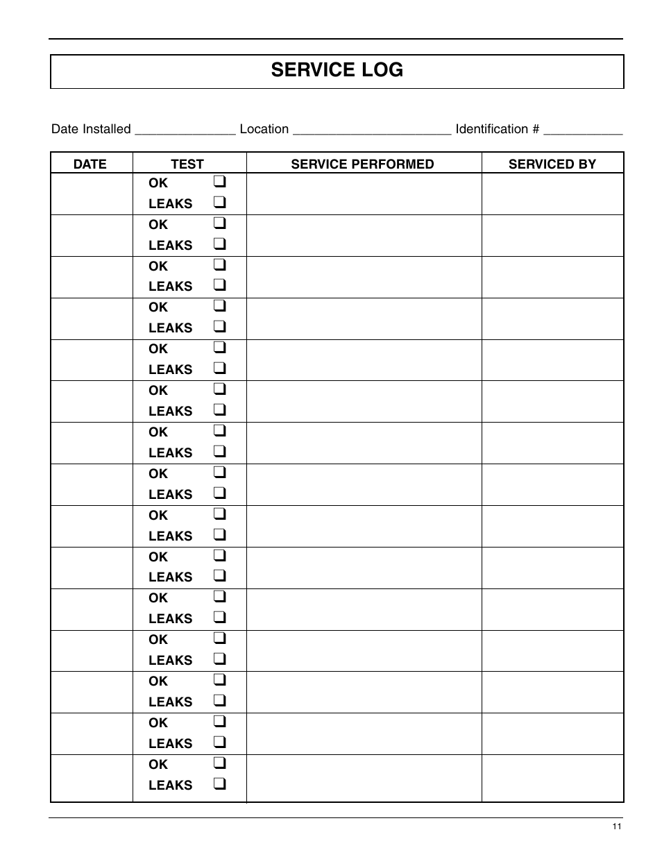 Service log | Bell & Gossett HS 213B Series B2 Inverted Bucket Steam Trap Service Parts User Manual | Page 11 / 12