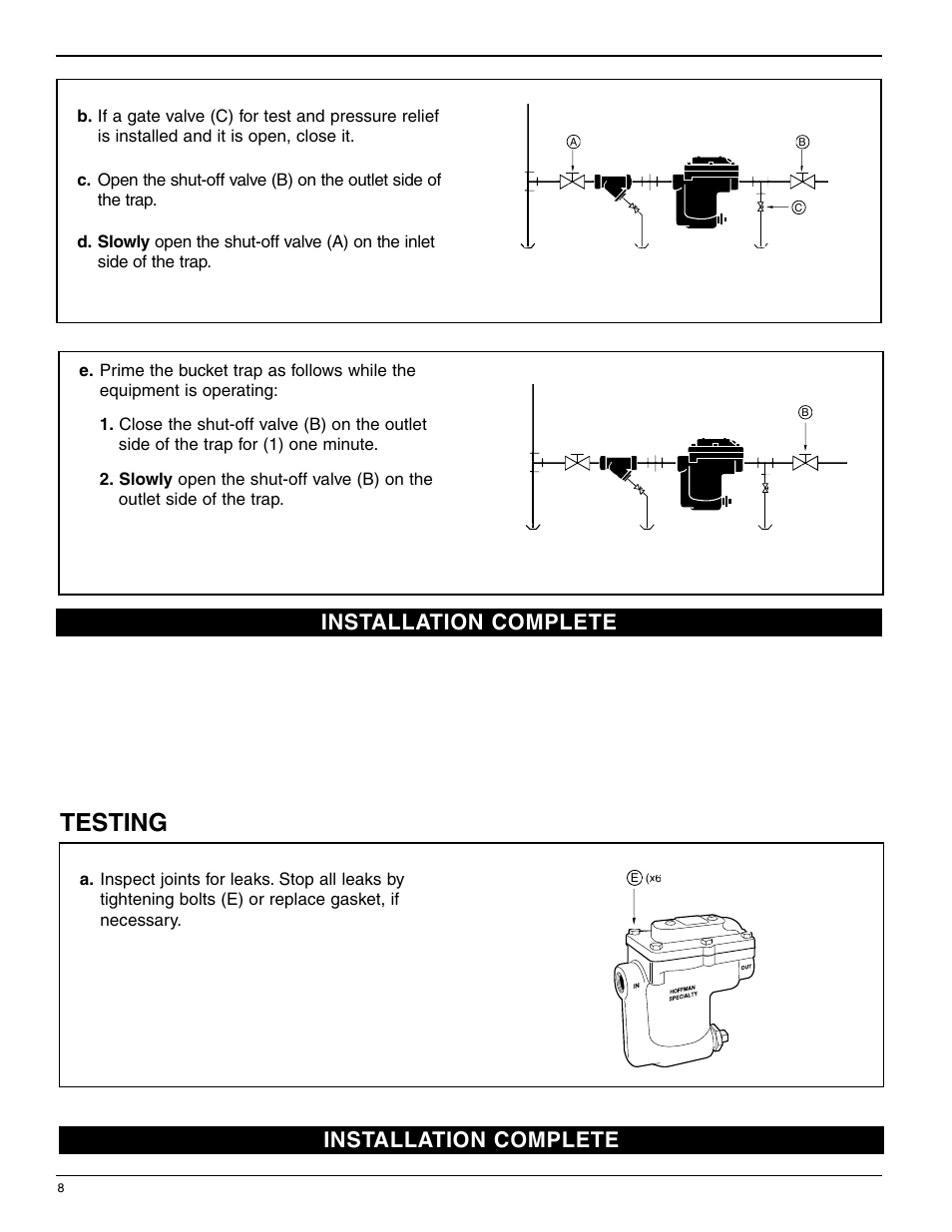 Testing, Installation complete | Bell & Gossett HS 213B Series B2 Inverted Bucket Steam Trap Service Parts User Manual | Page 8 / 12