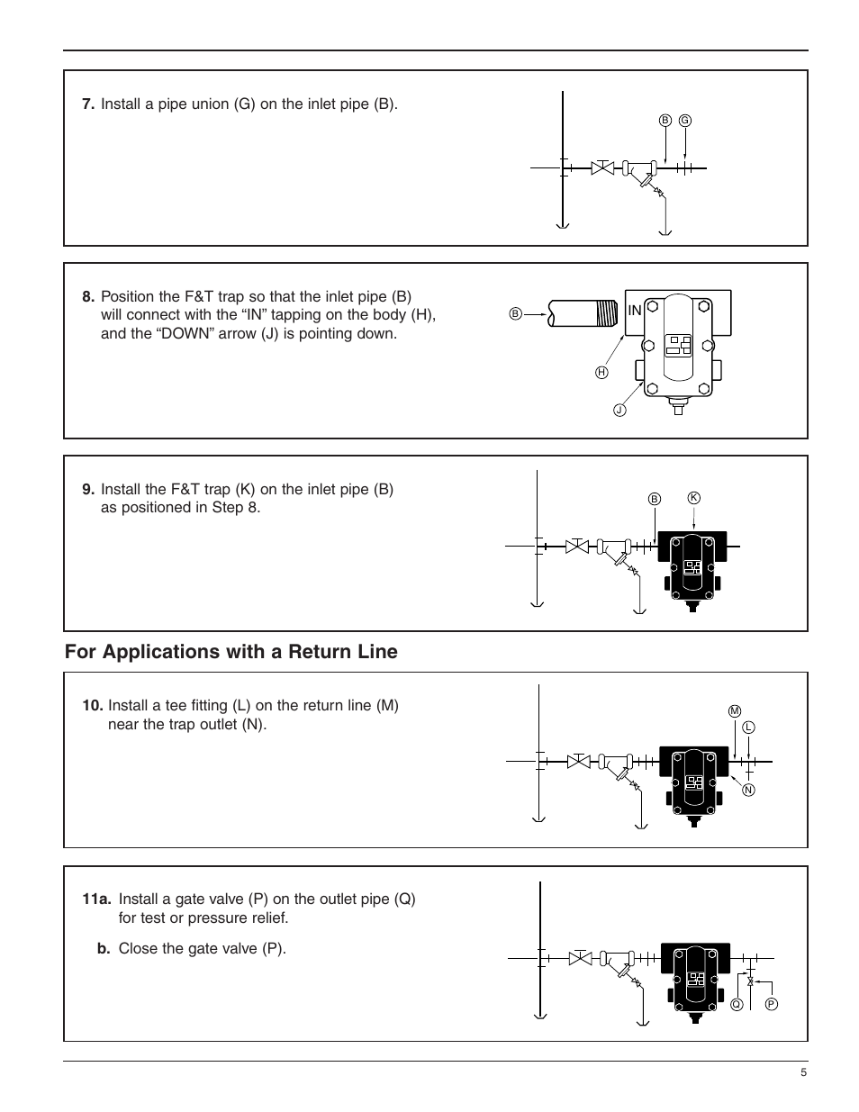 For applications with a return line, Install a pipe union (g) on the inlet pipe (b) | Bell & Gossett HS 232C Series I In-line Float and Thermostatic Steam Traps User Manual | Page 5 / 8