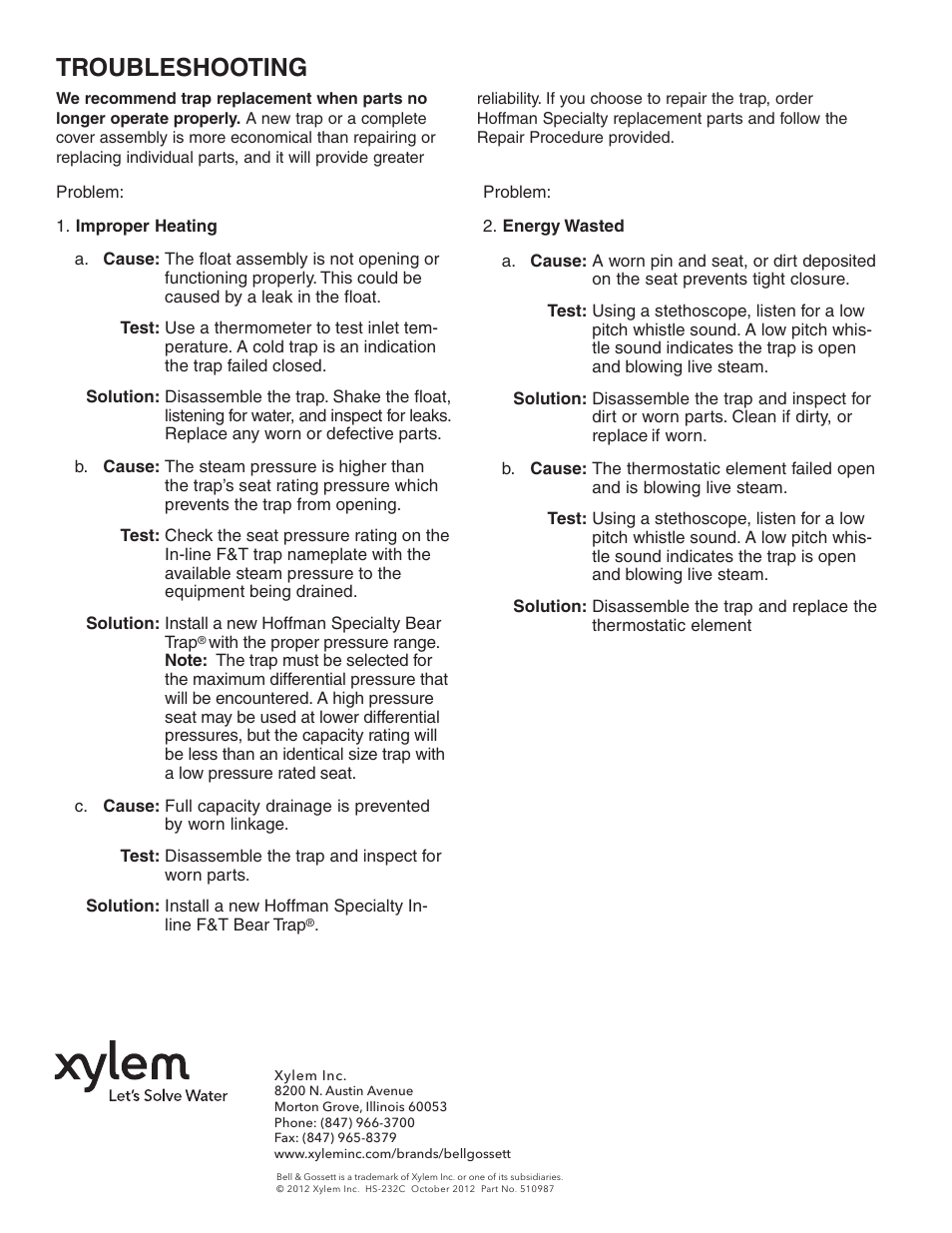 Troubleshooting | Bell & Gossett HS 232C Series I In-line Float and Thermostatic Steam Traps User Manual | Page 8 / 8