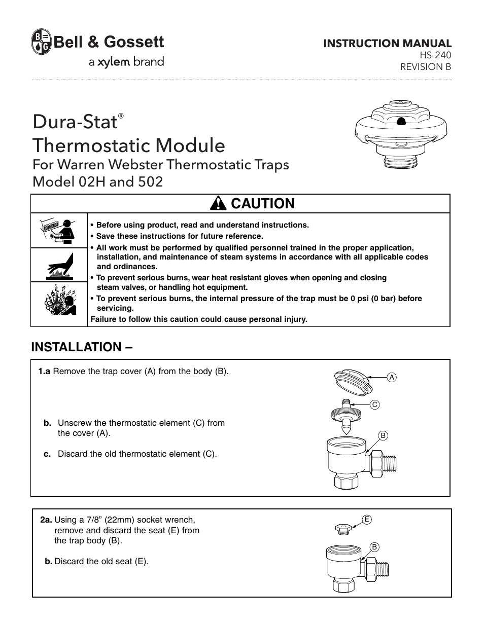 Bell & Gossett HS 240B Dura-Stat Thermostatic Module For Warren Webster Thermostatic Traps 02H and 502 User Manual | 2 pages